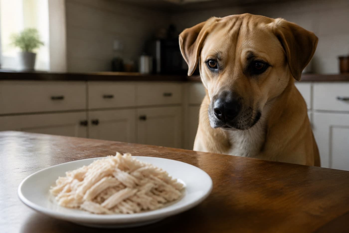 Plate of plain cooked chicken beside a dog bowl, Animals Details