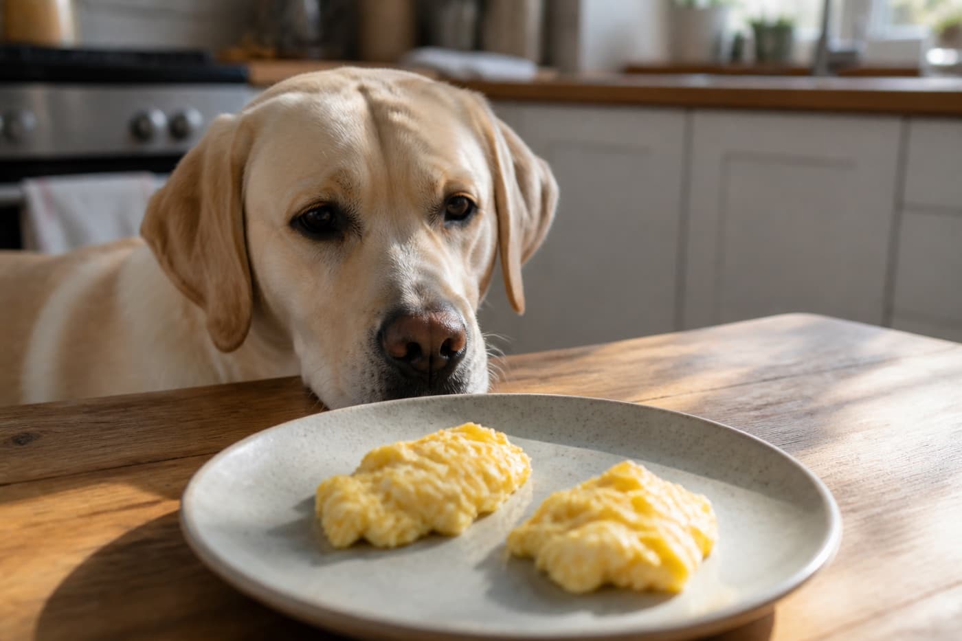 Scrambled eggs on a plate beside a dog bowl, Animals Details
