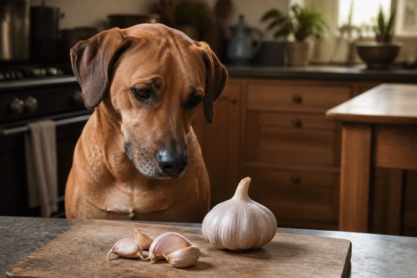 Garlic cloves on a cutting board near a dog, Animals Details