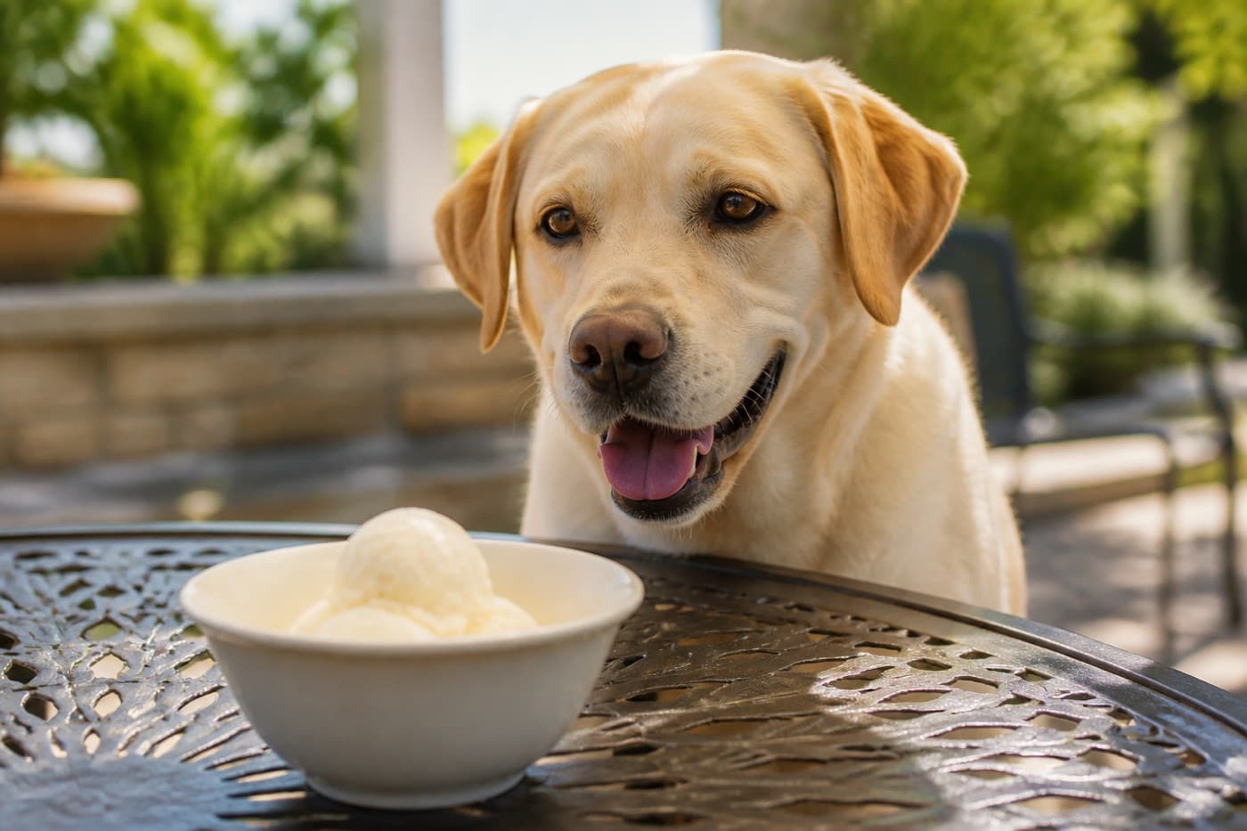Ice cream cone melting on a patio near a dog, Animals Details