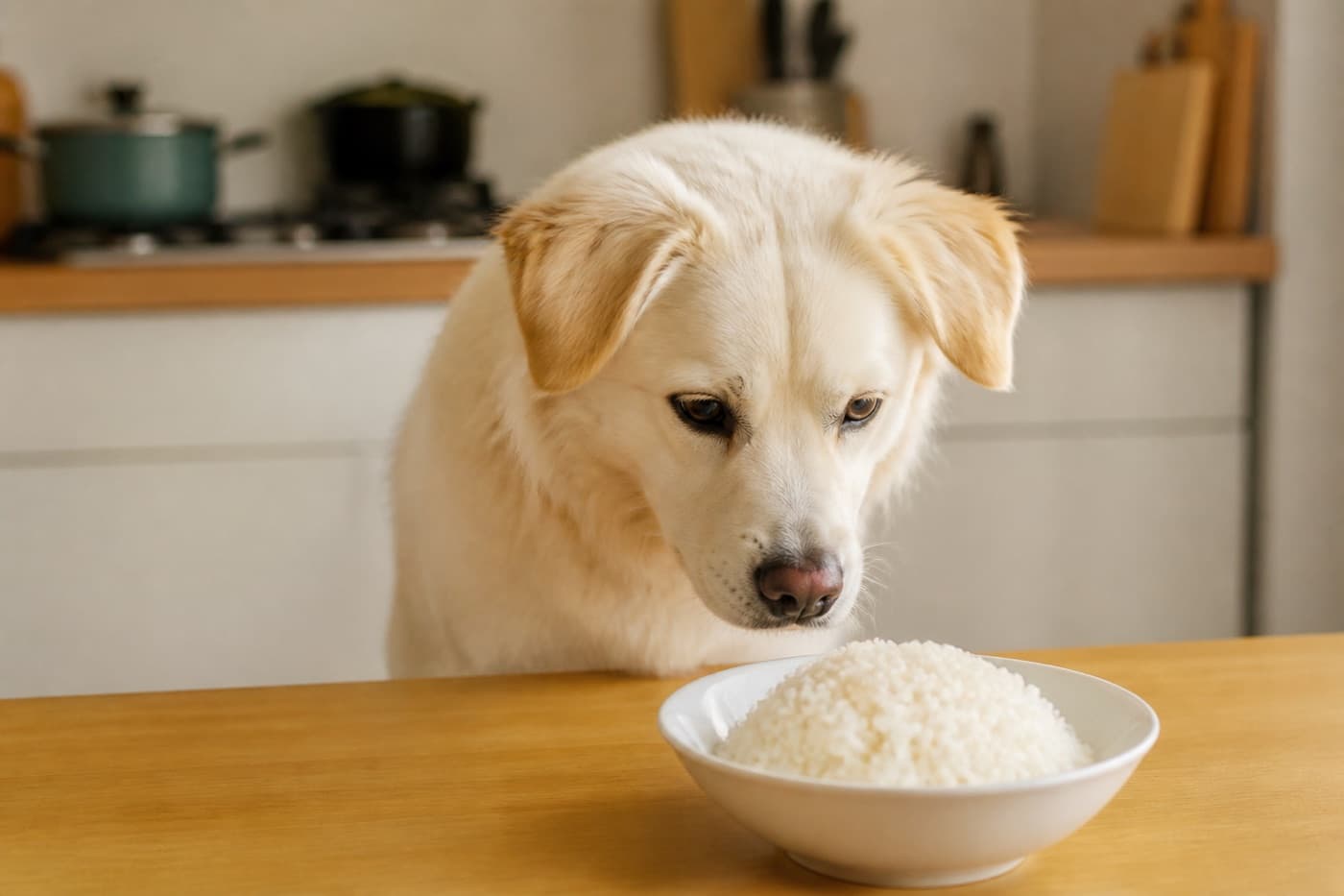 Bowl of plain white rice next to a dog, Animals Details